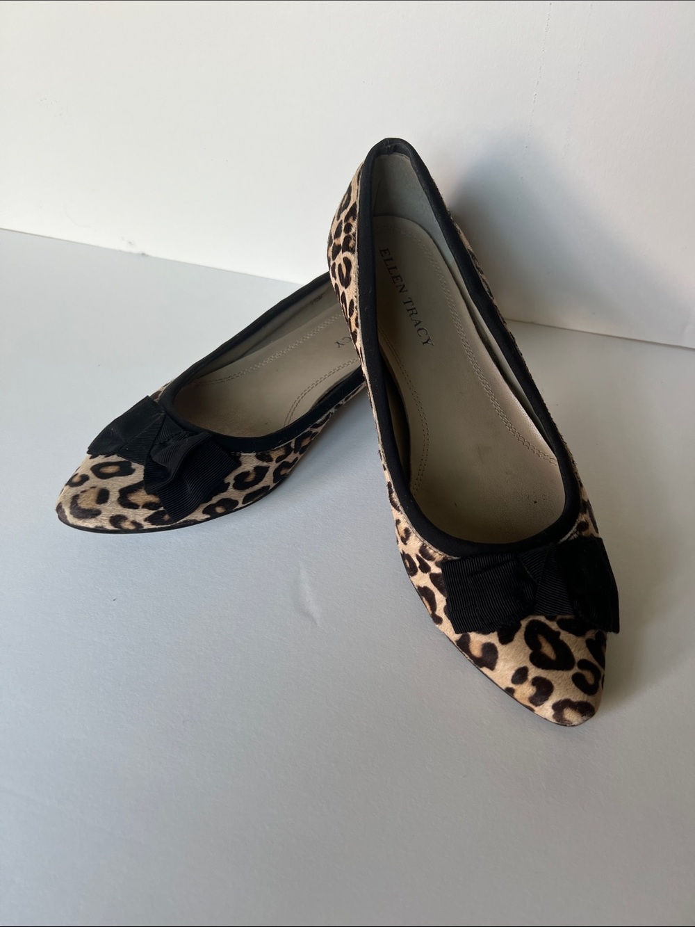 Ellen Tracy Leopard-Print Pointed-Toe Flats with Black Bow